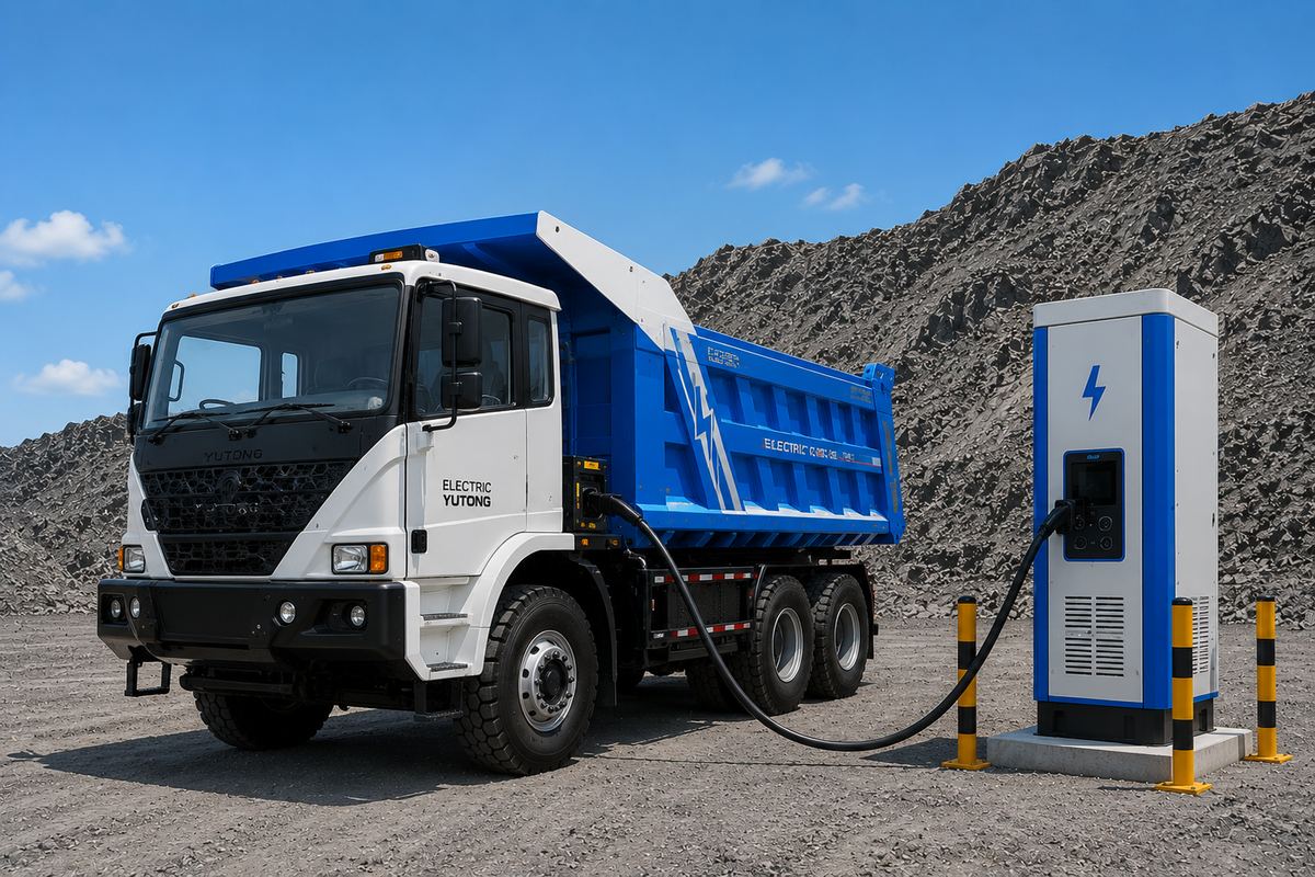 Camión tolva eléctrico conectado a cargador en faena